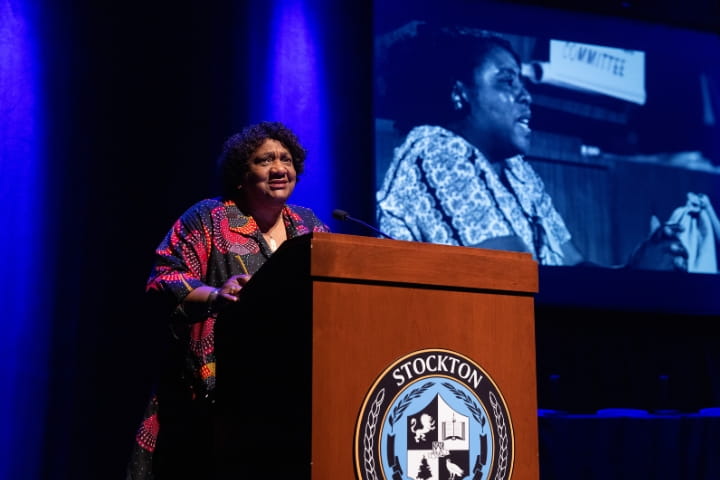 Shirley N. Weber at podium.