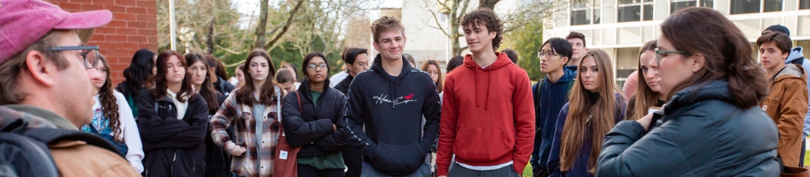 A group of high school students exploring Stockton's Galloway campus