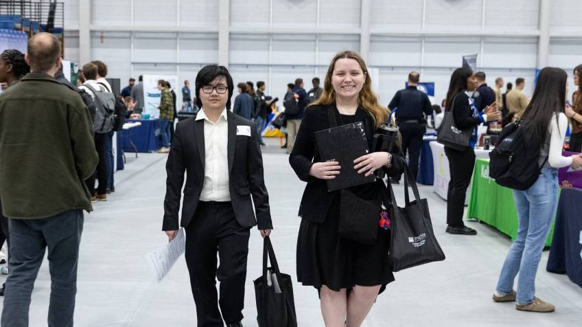 Students walking at the career fair