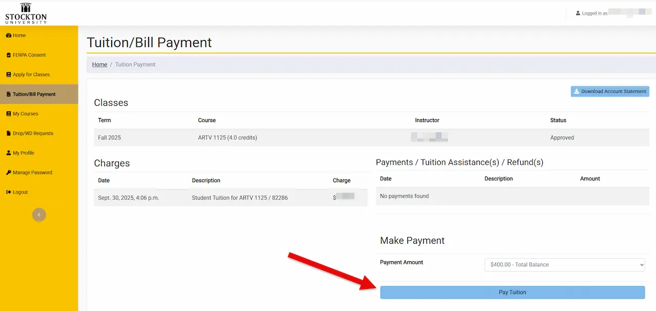 Screenshot of the Tuition/Bill Payment page showing the “Pay Tuition” button.
