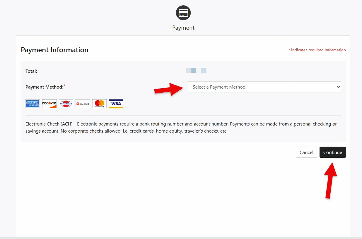 Screenshot of the payment screen with drop-down options for credit card or electronic check.