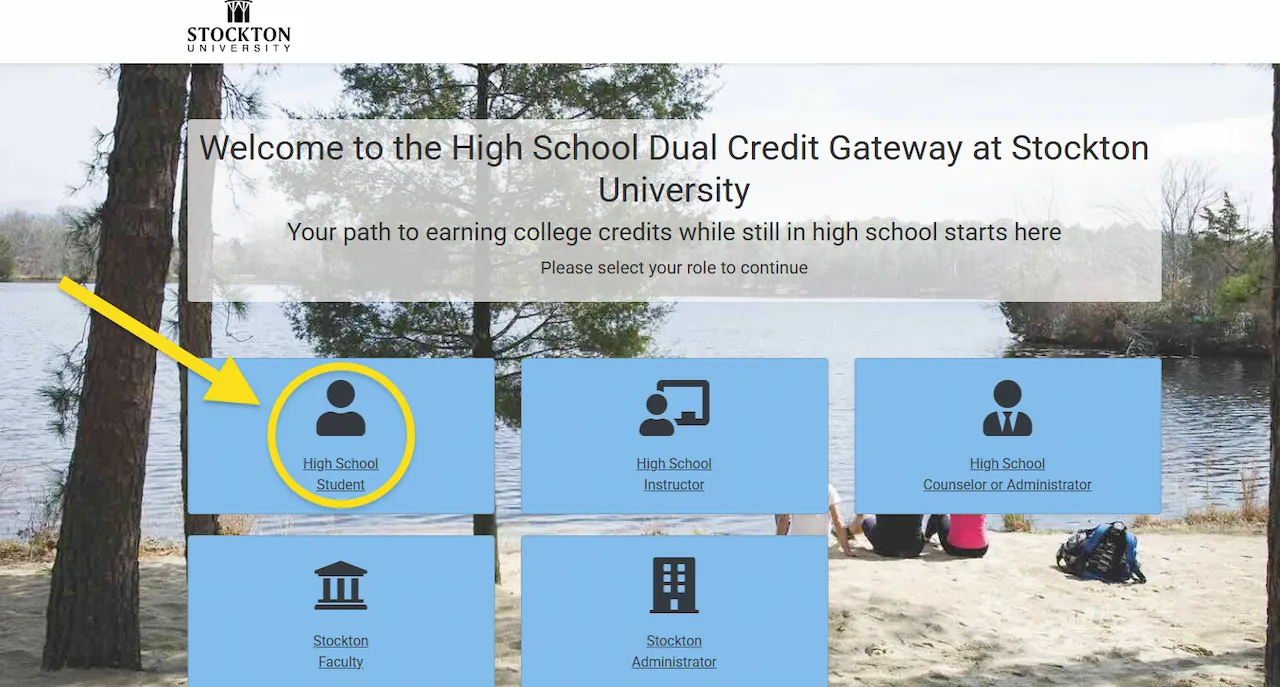 Screenshot of Stockton University Dual Credit welcome page with the “High School Student” option and “Start New Application” button highlighted.