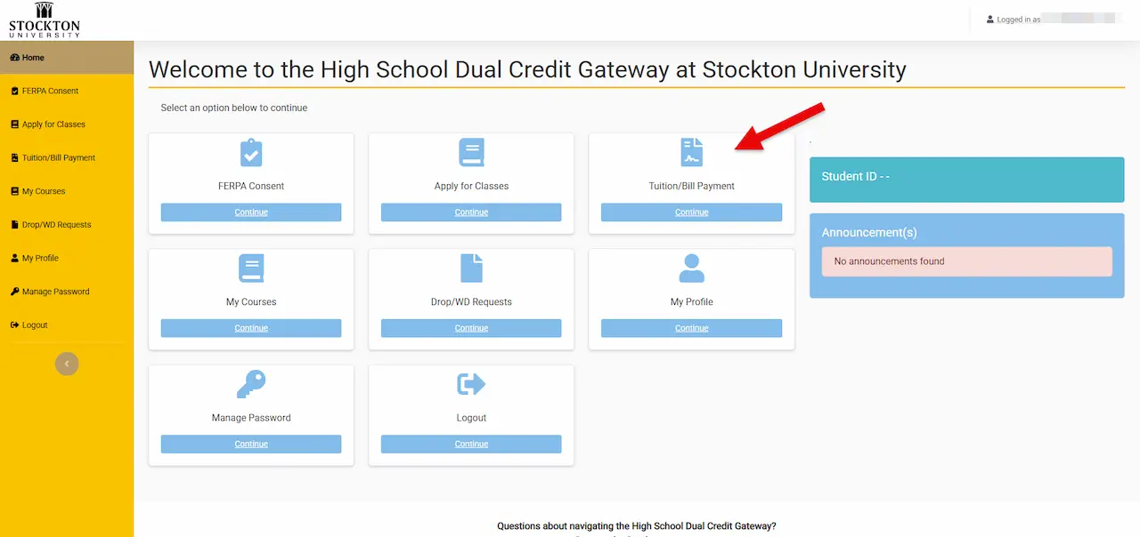 Screenshot of the left-hand navigation menu highlighting the “Tuition/Bill Payment” option.