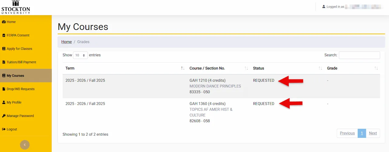 Screenshot of requested courses.