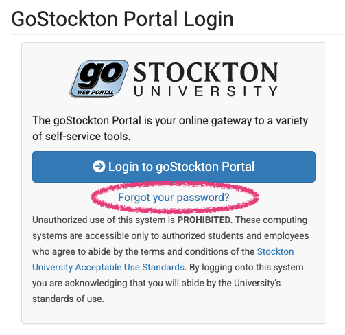 A screenshot of the GoStockton Portal login page, highlighting the "Forgot your username or password" link.