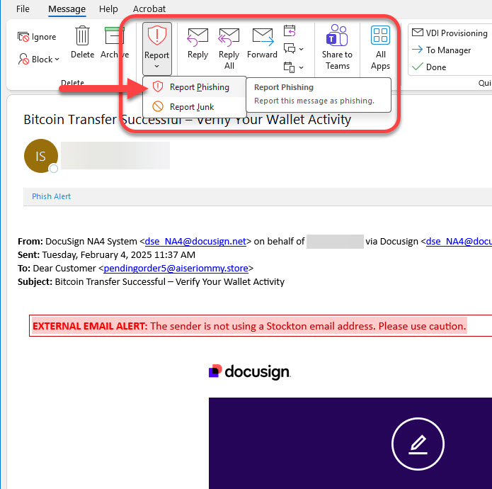 A screenshot of how to report phishing in Outlook