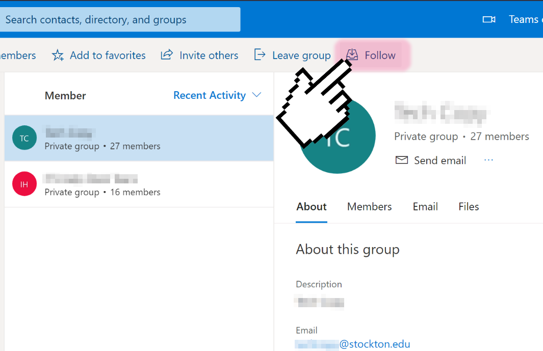 A screenshot of the Outlook Web Groups menu, with a hand indicating towards the Follow button.