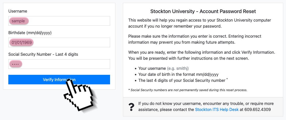 A screenshot of the GoStockton Portal password reset form. It indicates the three fields to fill in for identity verification - username, date of birth, and social security number.