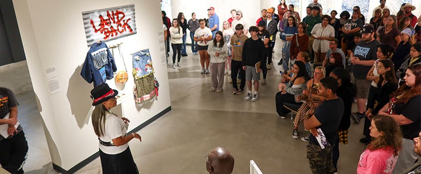 Denise “Bright Dove” Ashton-Dunkley of the Nanticoke/Lenni-Lenape Tribal Nation was one of the three Indigenous artists who led an intimate tour of her artwork displayed in the Stockton Art Gallery's two-floor exhibition "Indigenous Approaches, Sustainable Futures" on Tuesday, Sept. 17.