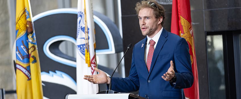 Student veteran and president of Military-Affiliated Students of Stockton, Michael Smalling, gave a stirring speech during Nov. 6's Veterans Day Recognition Ceremony.