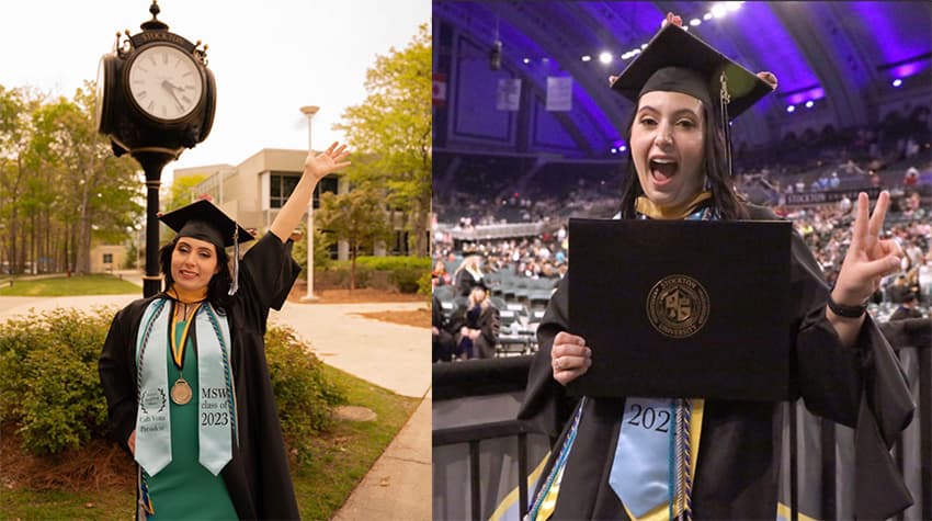 Calli during her master's commencement, smiling and posing with her regalia, stoles and diploma