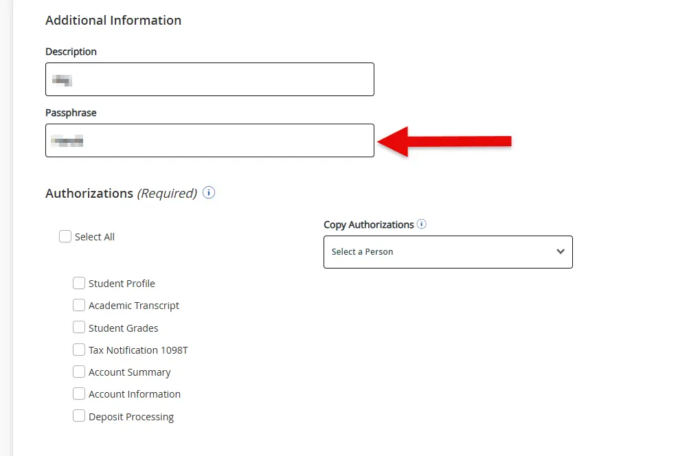 Additional Information section showing fields for description and passphrase, followed by a list of authorization options that can be granted to a proxy.