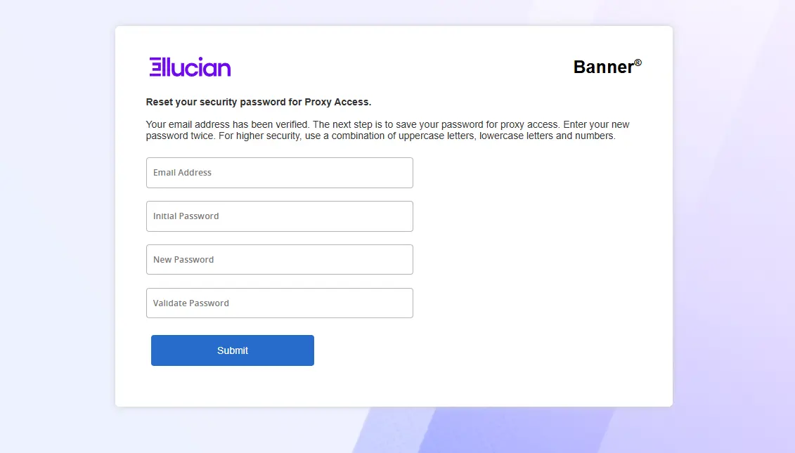 Banner reset password screen showing fields for email address, initial password, new password, and password validation, with a blue Submit button.