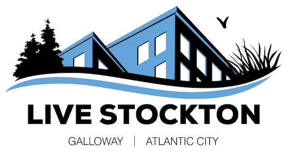 Live Stockton logo featuring stylized blue buildings along a curved shoreline, with trees and grasses in black silhouette and the text Live Stockton above Galloway | Atlantic City.