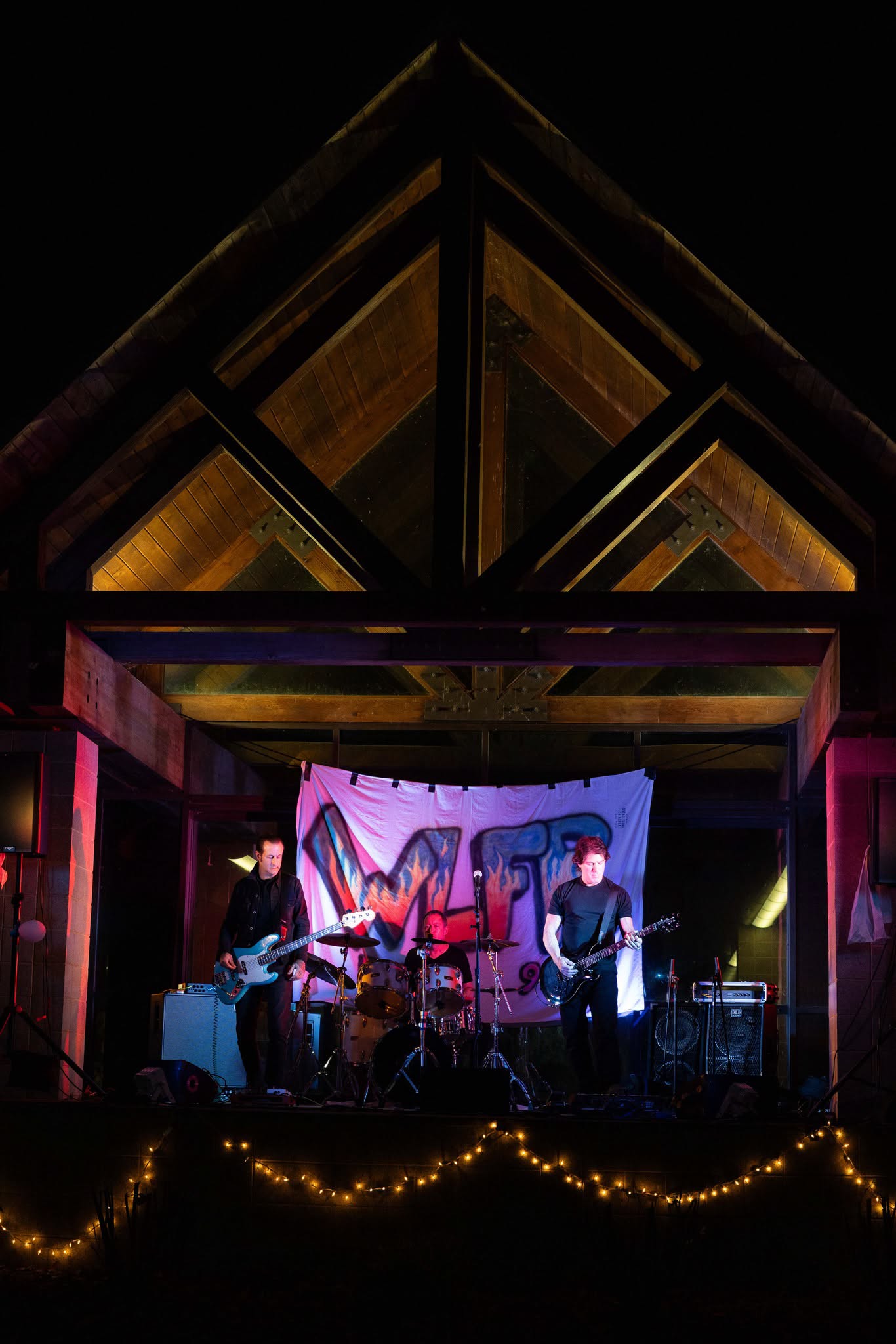 WLFR anniversary band playing on stage at lakeside lodge