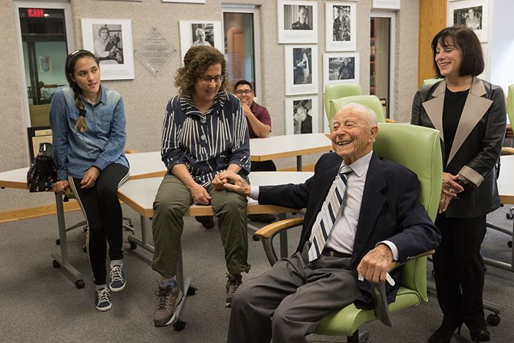 Henry Slamovich, a Holocaust survivor, visits Stockton with his family and friends to see The Sara & Sam Schoffer Holocaust Resource Center and meet student Diana Sanchez-Zevallos, a recipient of the Bella Kurant Fox Slamovich Award.